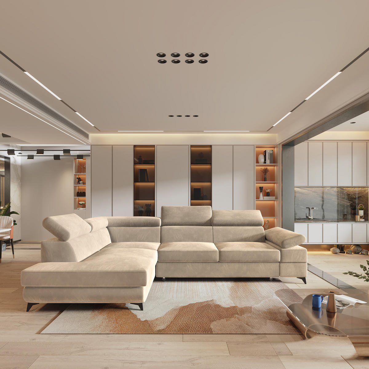 ECKSOFA FAVIEN L-S Creme Velours-Stoff mit Schlaffunktion - Creme, Holz (257/190cm) - MASSENO