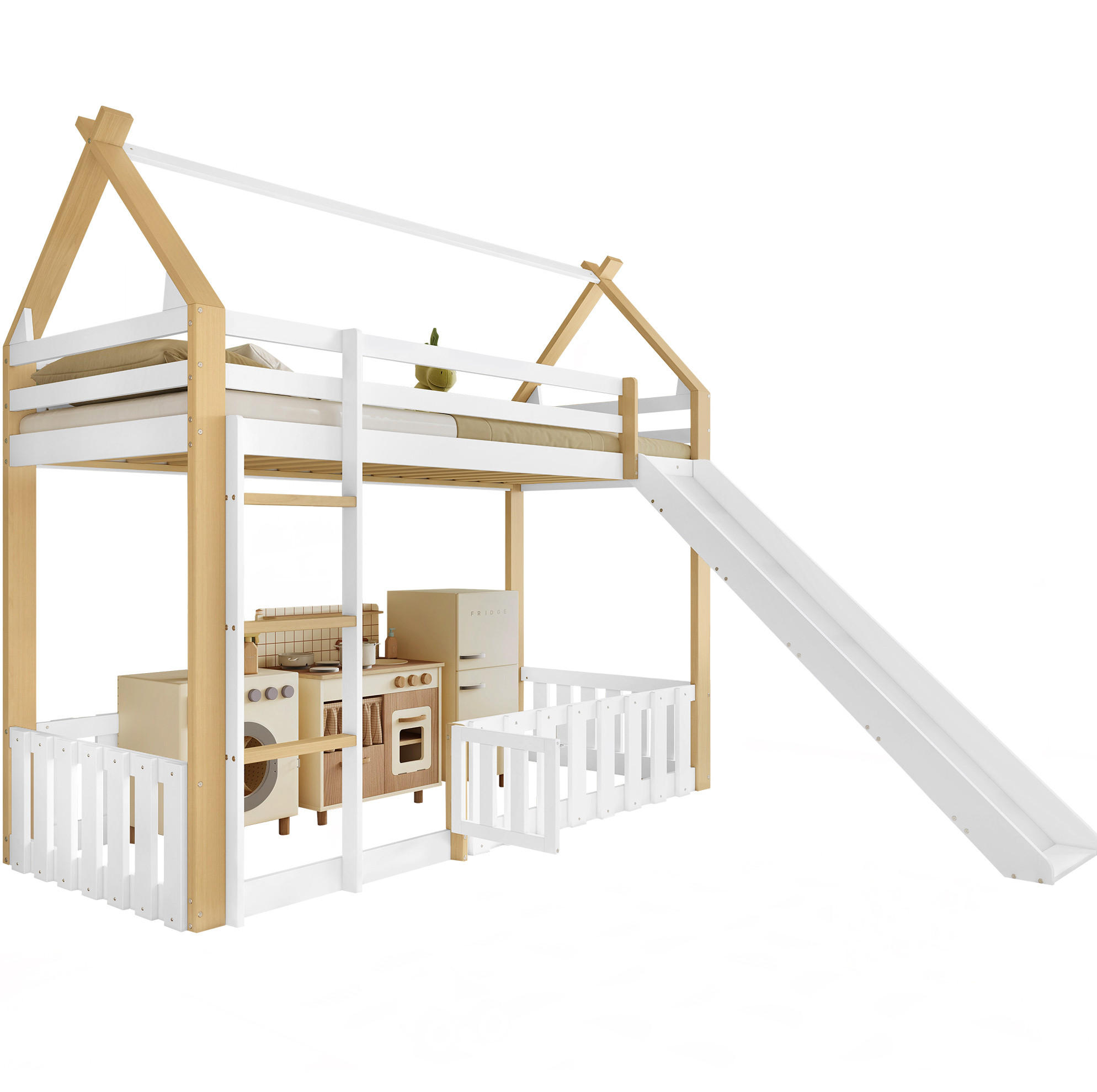 HAUSBETT 90/200 cm Weiß Natur mit Rutsche und Leiter ohne Matratze - Weiß, Holz (90/200cm) - MIVRAY