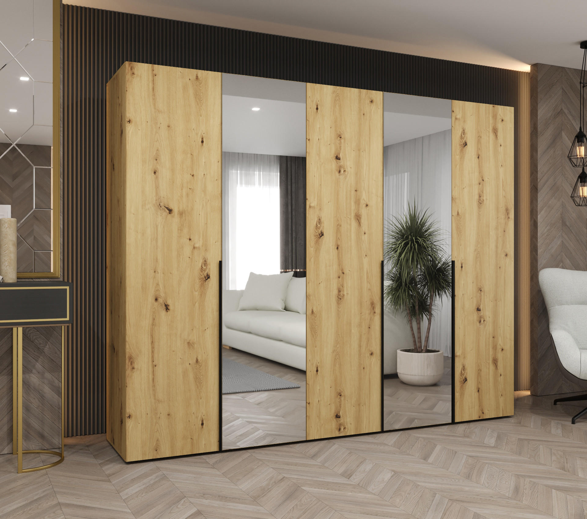 DREHTÜRENSCHRANK 202/250/52 5-türig - Schwarz/Eiche Artisan, Holz (250/202/52cm) - Abiks Möbel