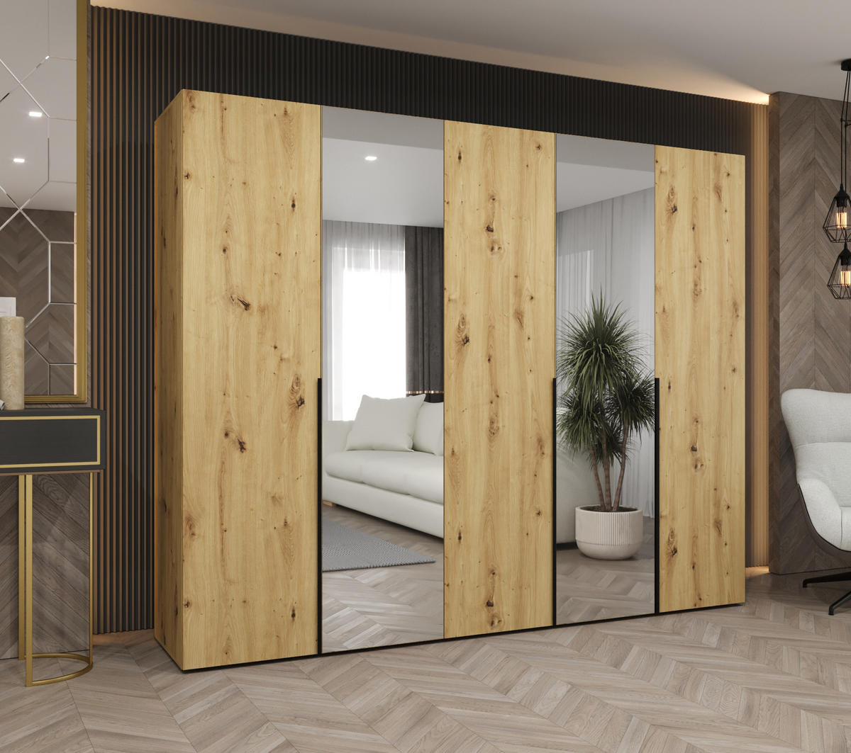 DREHTÜRENSCHRANK 202/250/52 5-türig - Schwarz/Eiche Artisan, Holz (250/202/52cm) - Abiks Möbel