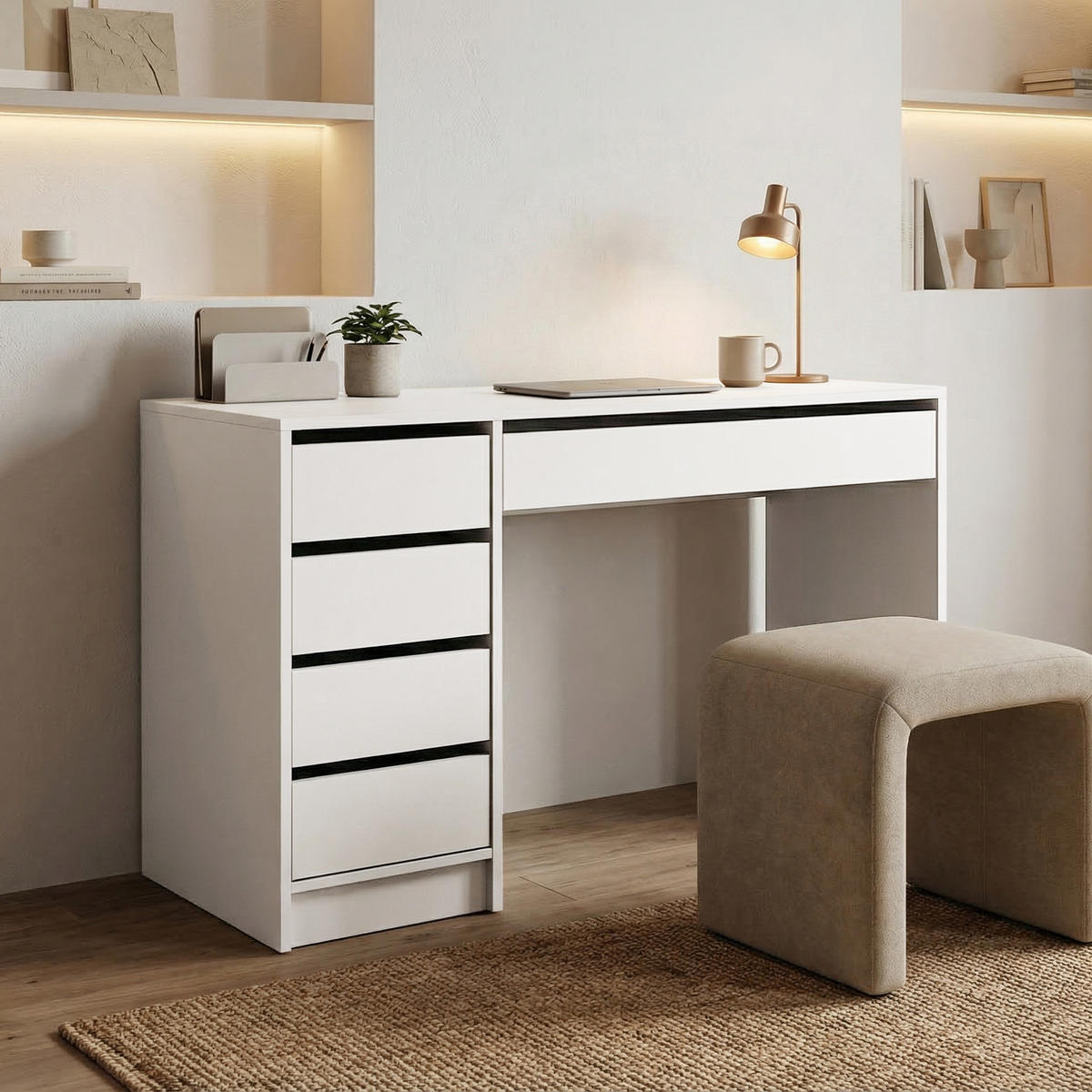 SCHREIBTISCH Malta mit 5 Schubladen, grifflos, Weiß - Weiß, Holzwerkstoff (57/120/75.5cm) - Beautysofa