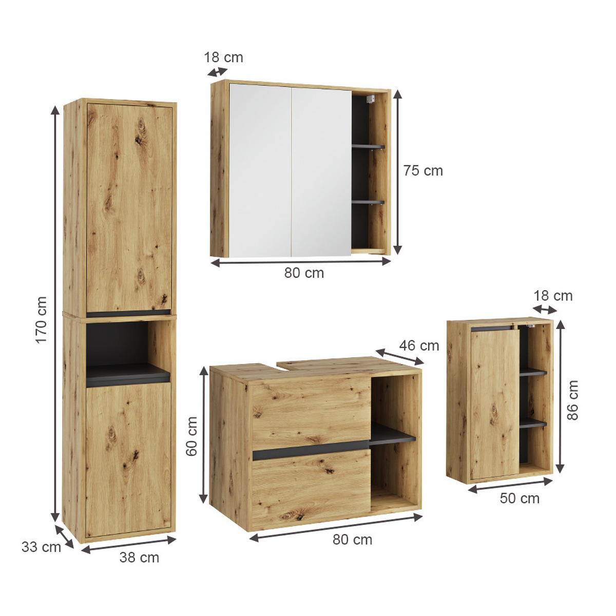 KOUPELNOVÁ SESTAVA NÁBYTKU Viola Artisan/šedá - šedá/světle šedá, kompozitní dřevo (80/60/46cm) - Vicco