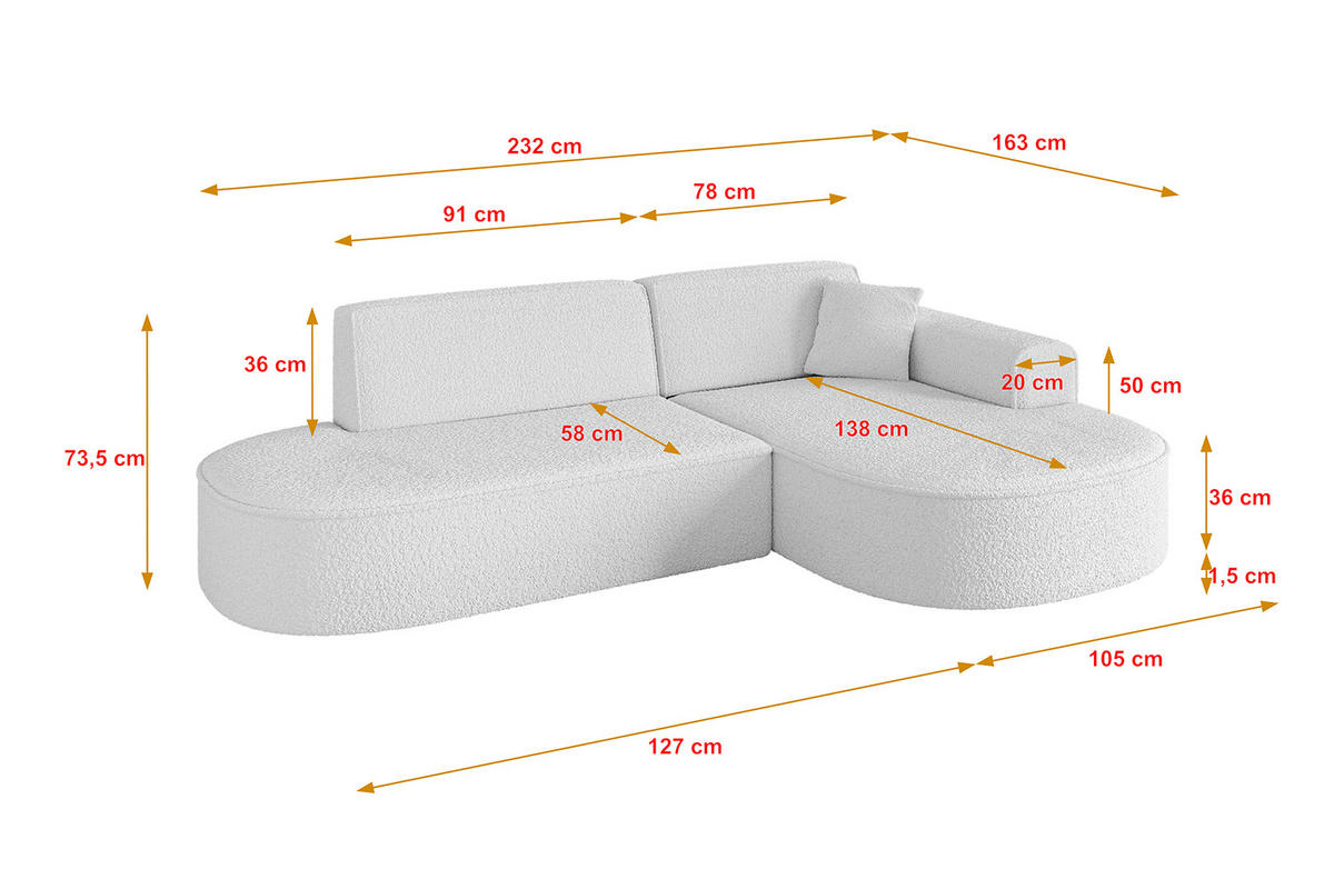 ECKSOFA Ottomane Rechts MARI-L1 - 232x163x73,5 cm Weiß Bouclé - Schwarz/Weiß, Holzwerkstoff/Kunststoff (234/163cm) - ALTDECOR