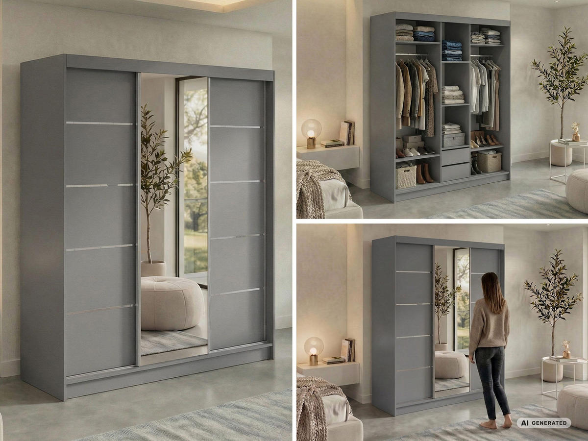 SCHWEBETÜRENSCHRANK mit Schubladen 180 - SKORIA - Grau mit Spiegel - Alufarben/Grau, Holzwerkstoff/Metall (180/216/61cm) - MKS
