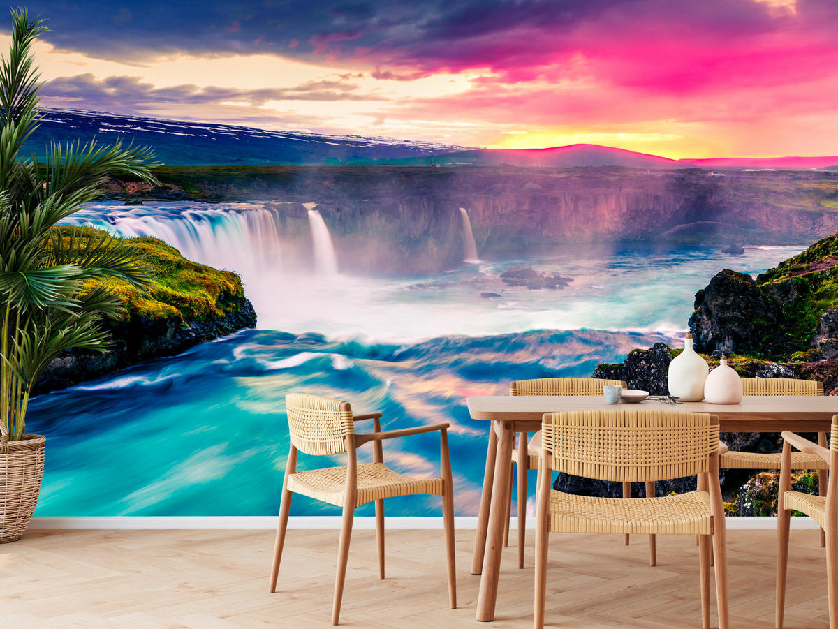 FOTOTAPETE für Esszimmer Godafoss Wasserfall Sonnenuntergang Natur 200x140 - Multicolor, Papier (200/140cm) - Muralo