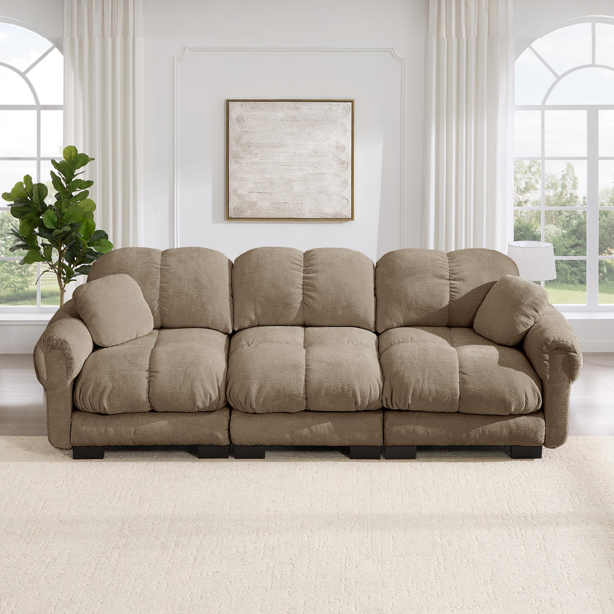 3-SITZER-SOFA DE-34384 Steppdesign und 2 Dekokissen Braun - Braun, Textil (86/90/260cm) - ComfortXL