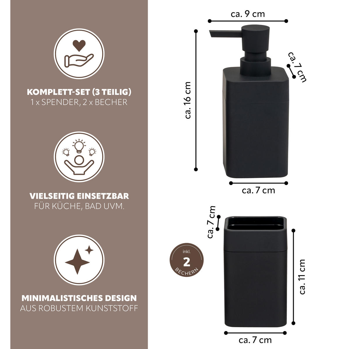 BADEZIMMER-SET SAVONA, Soft-Touch, schwarz, eckig - Schwarz, Kunststoff (7/16/9cm) - bremermann