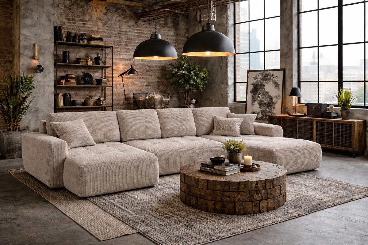 ECKSOFA Mit Schlaffunktion Und Bettkasten U-Form Ivo U, Cordstoff Poso, Dunkelbeige - Beige, Holz (342/142cm) - Kaiser Möbel