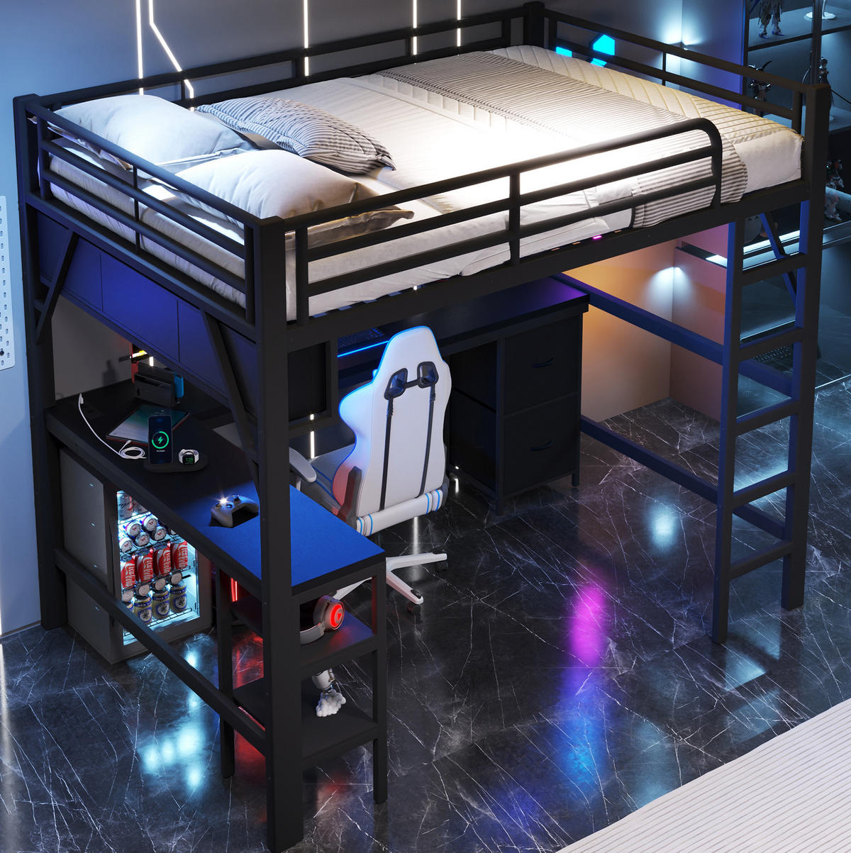HOCHBETT 140/200 cm Schwarz mit Schreibtisch, Regal und Schubladen - Schwarz, Metall (140/200cm) - MIVRAY