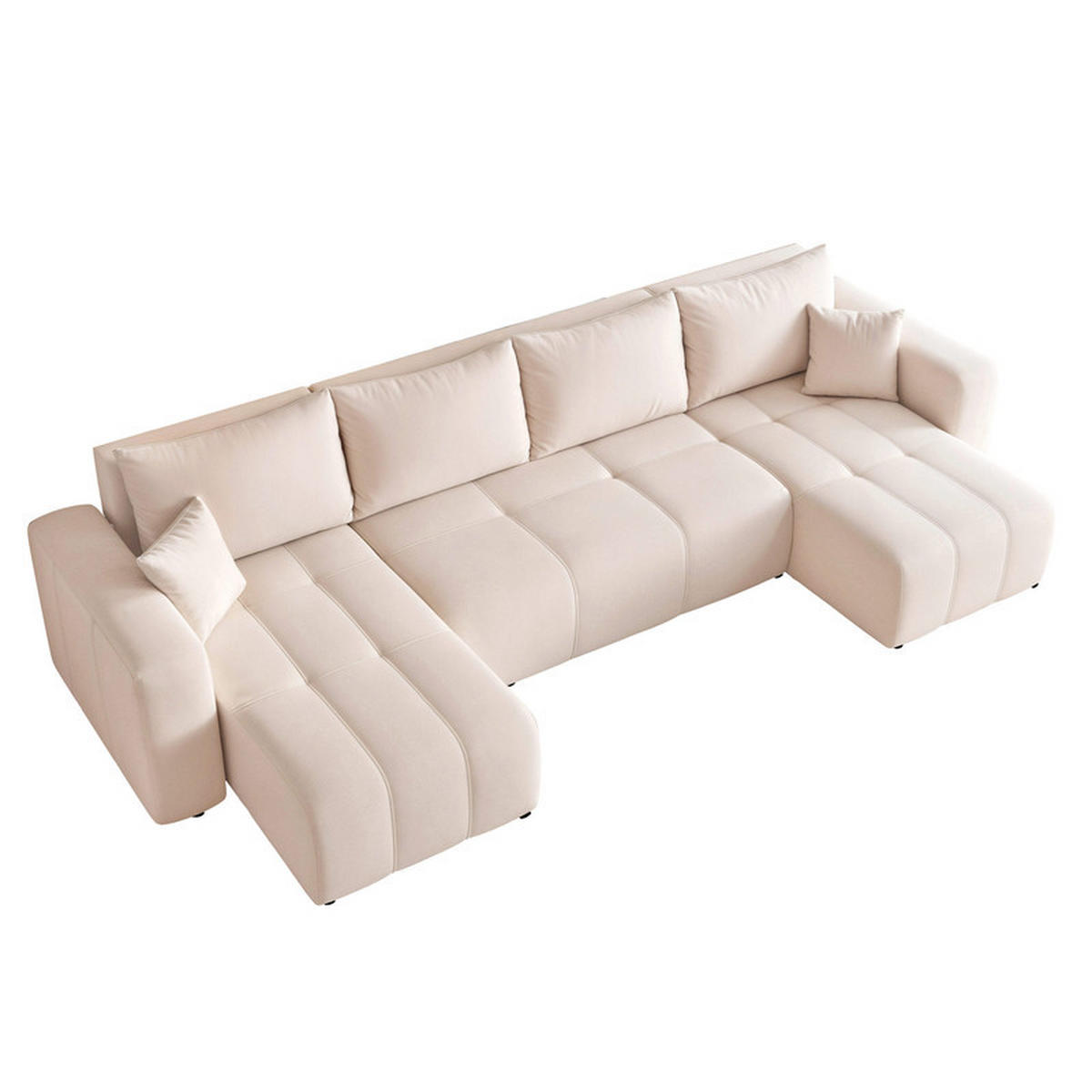 WOHNLANDSCHAFT U-Form Velours mit Bettkasten und Schlaffunktion - Creme, Holzwerkstoff/Kunststoff (318/79/145cm) - Idohome