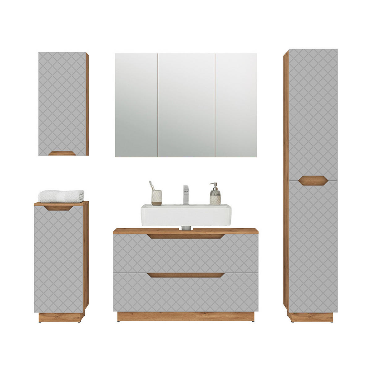BADMÖBEL-SET Lotta Eiche/Grau mit Kachelstruktur 5 Teile - Eichefarben/Grau, Holzwerkstoff (99.4/62.5/32cm) - Vicco
