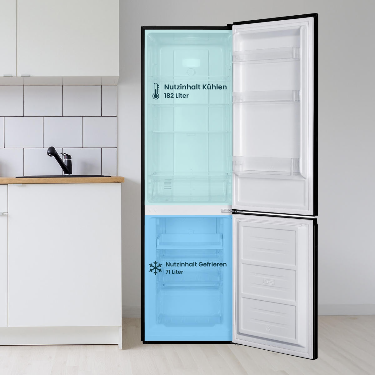 KÜHL-GEFRIER-KOMBINATION, No Frost, freistehend, groß - 253 Liter, EEK C, Kühlschrank mit Gefrierfach, schwarz - Schwarz, Glas/Kunststoff (54.5/181/61.6cm) - homeX