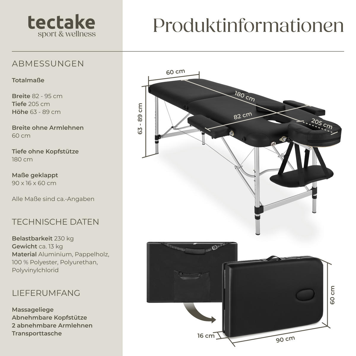 MASSAGELIEGE 2 Zonen, 210 x 95 x 89 cm,schwarz - Schwarz, Metall (60/89/205cm) - tectake