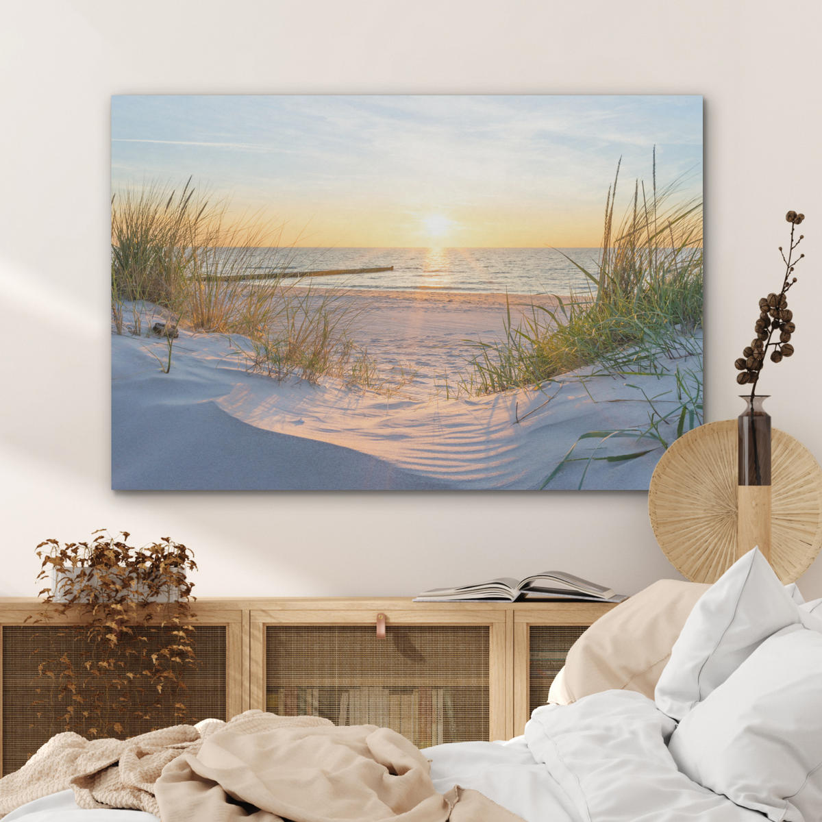 AKUSTIKPANEEL Strand - Sonne - Düne - Gras - Sand - Horizont 100x70 cm - Hellblau, Textil (100/0.9/70cm) - MuchoWow