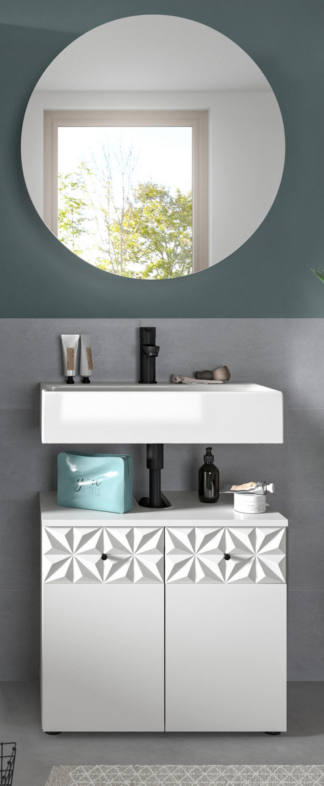 BADMÖBEL-SET weiß Hochglanz 2-teilig 70 cm, Komplettset mit 3D-Struktur - Weiß Hochglanz, Glas/Holzwerkstoff (70/187/37cm) - Inn.Furn