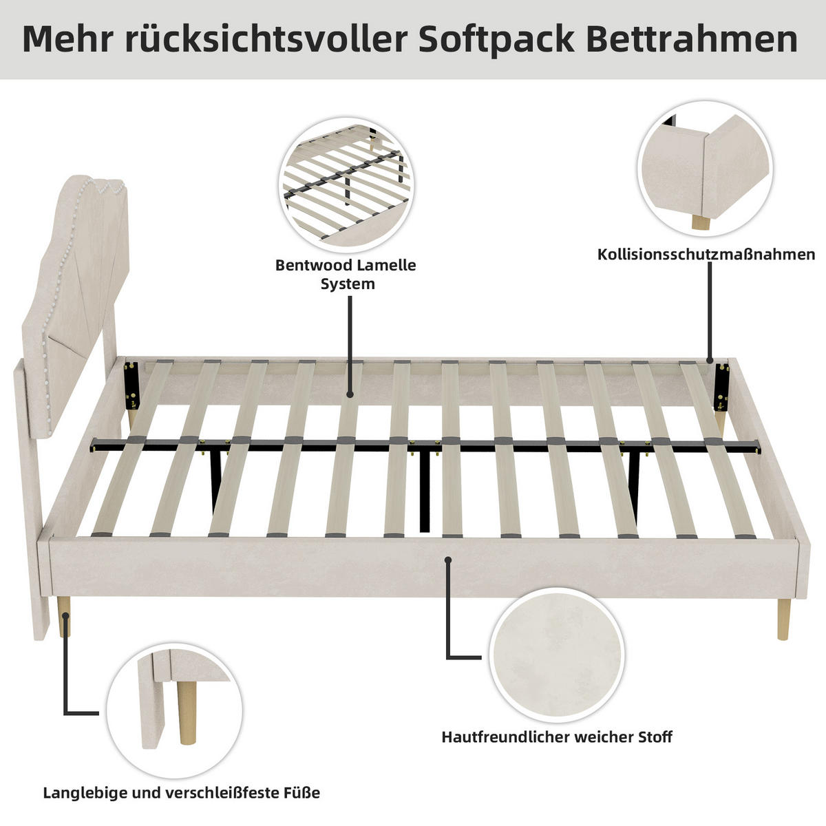 POLSTERBETT 140/200 cm in Beige Stoff mit Gepolstertem Kopfteil - Beige, Holzwerkstoff/Textil (140/200cm) - WISHDOR