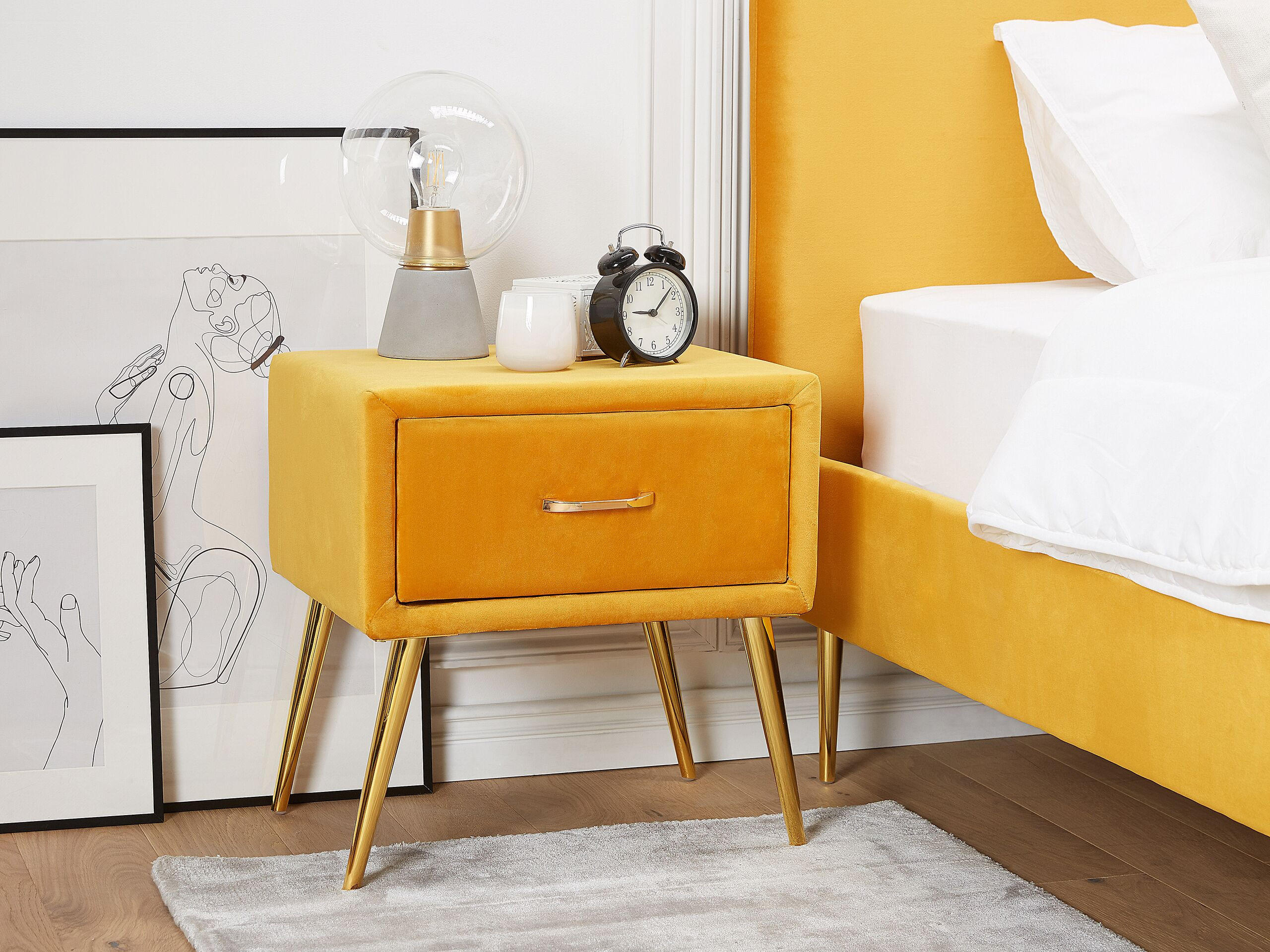 NACHTTISCH Samtstoff gelb/gold 1 Schublade 38/46/49 cm Flayat - Gelb/Goldfarben, Textil (46/49/38cm) - Beliani