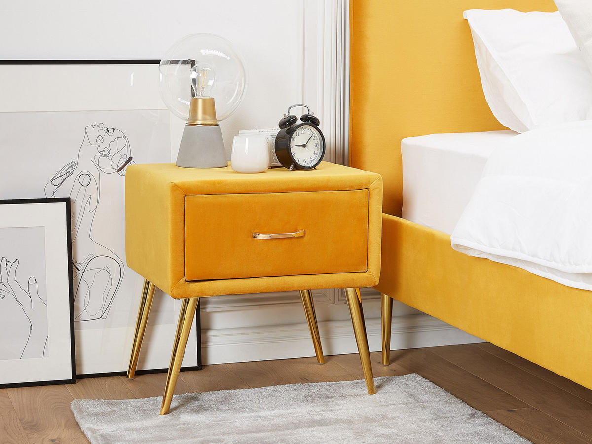 NACHTTISCH Samtstoff gelb/gold 1 Schublade 38/46/49 cm Flayat - Gelb/Goldfarben, Textil (46/49/38cm) - Beliani
