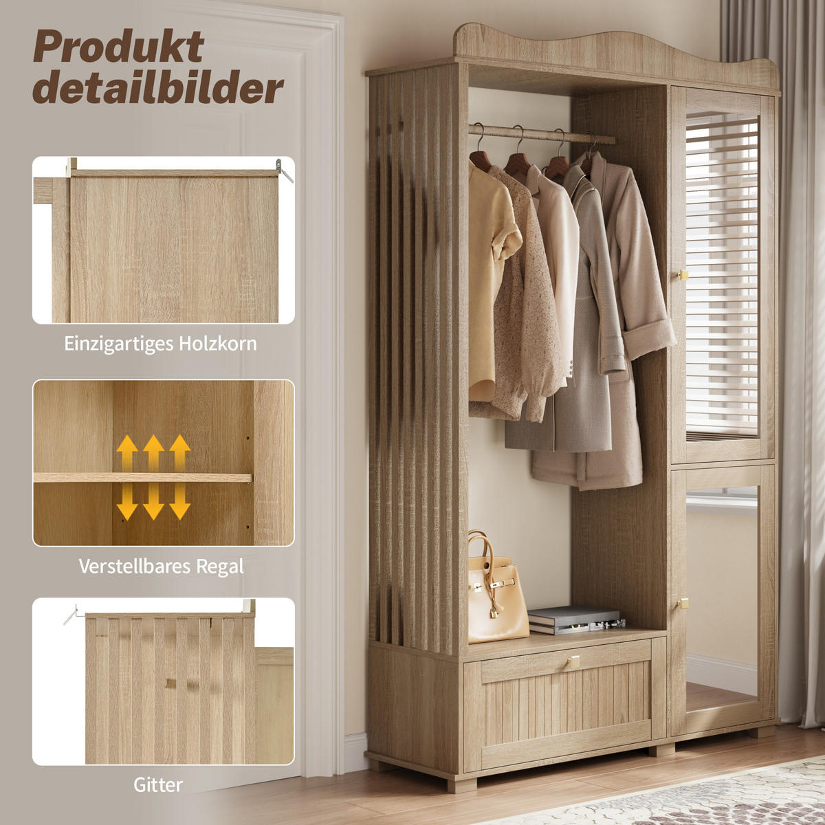 IN Eichefarben Kleiderschrank mit Spiegel und offenem Kleiderständer, Schublade und 2 Türen, B115.5/T38.5/H194.5cm - Eichefarben, Glas/Holzwerkstoff (115.5/194.5/38.5cm) - STILVORA