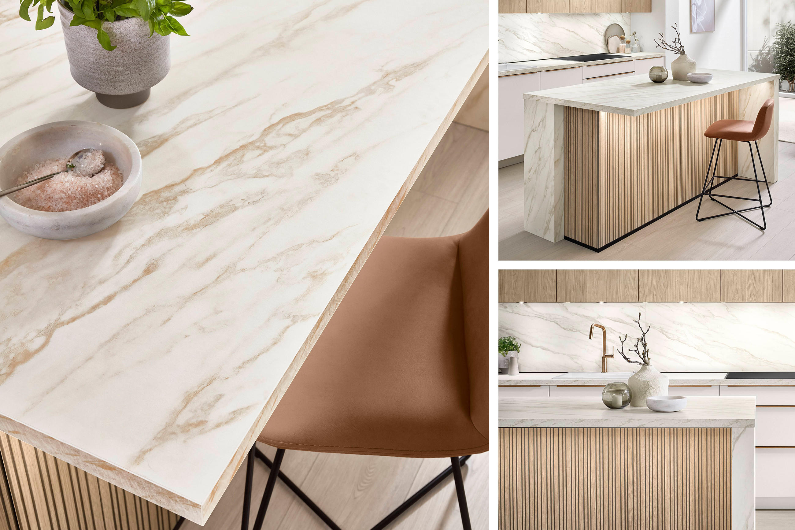 Collage zeigt 3 Detailbildern einer Kücheninsel mit heller Marmor-Arbeitsplatte, die mit Holzfront und sanften Farben kombiniert wird; An der Kochinsel steht ein Barhocker und die Arbeitsfläche ist mit Schalen und Vasen gedeckt.