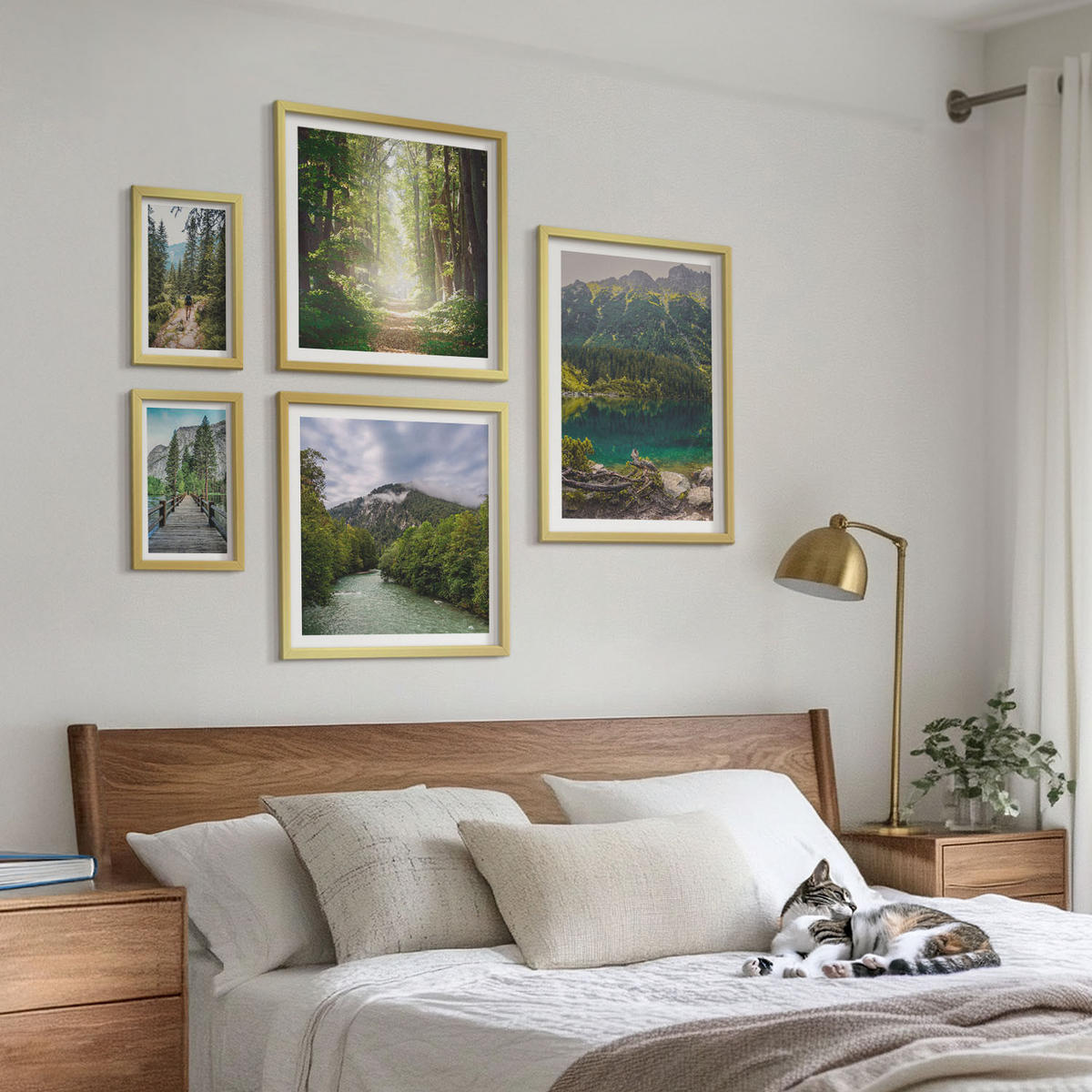 WANDBILDER 5er Set - 50x50 cm & 20x30 cm & 40x60 cm Goldrahmen - Straße Wald Berge Hirsch Natur - Goldfarben, Kunststoff (40/60cm) - ArtPrintCave