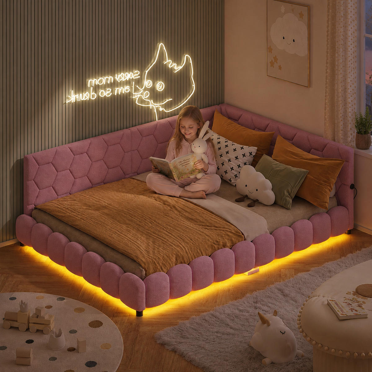 SCHLAFSOFA Lammwolle rosa mit LED-Beleuchtung, USB & Type-C Ladeanschluss, gepolsterter Eckkopfteil - Dunkelrosa, Metall (151.5/67.5/210cm) - Joyfair