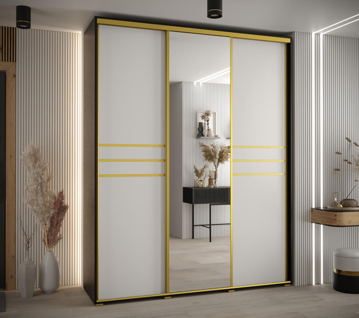 SCHWEBETÜRENSCHRANK 235,2/200/60 3-türig - Goldfarben/Schwarz, Holz/Metall (200/235/60cm) - Abiks Möbel