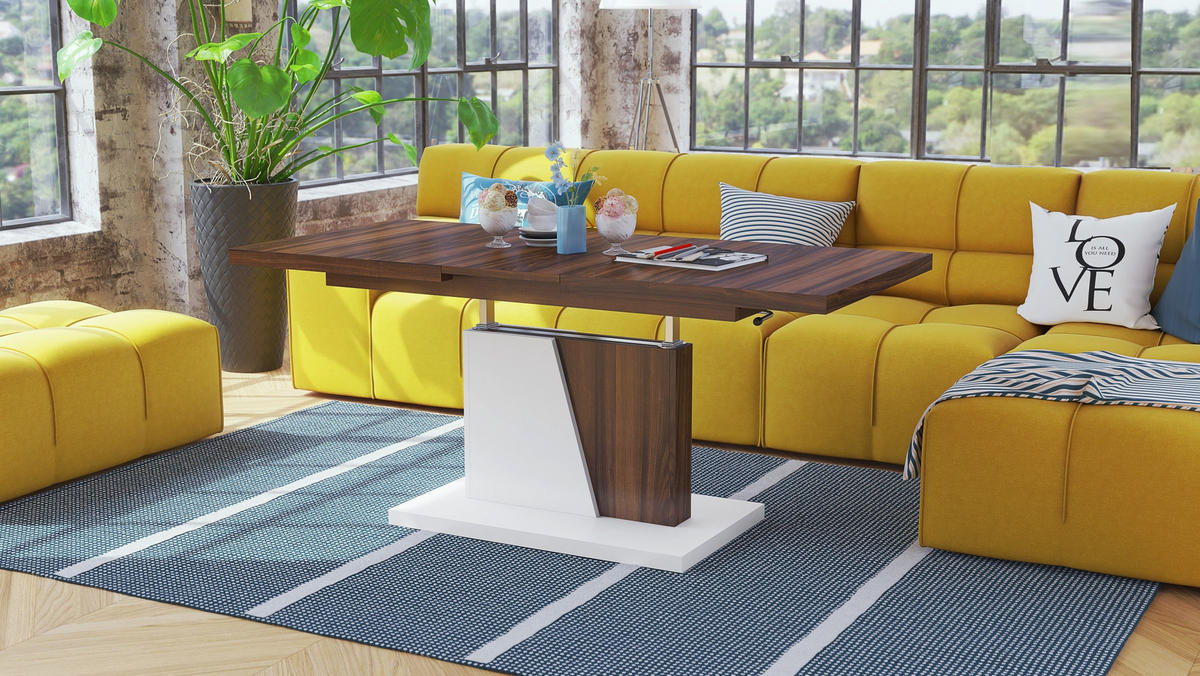 COUCHTISCH rechteckig Nussbaum - Weiß matt ausziehbar höhenverstellbar - Nussbaumfarben/Weiß, Holzwerkstoff (70/120/60cm) - designimpex