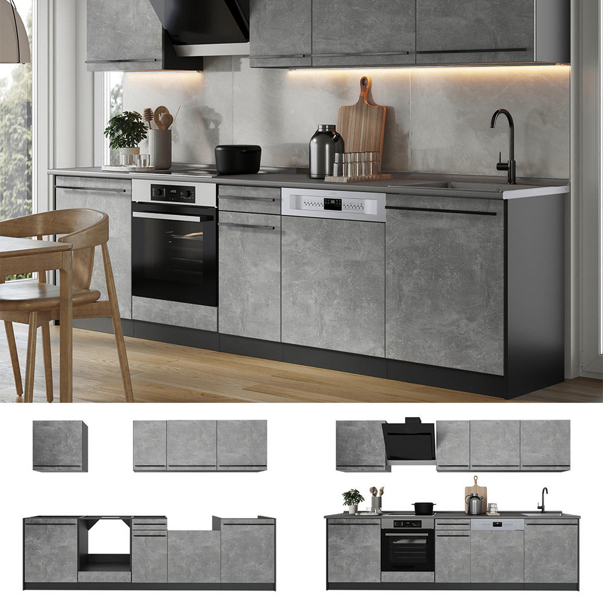 KÜCHENZEILE R-Line, Beton/Anthrazit, 280 cm Arbeitsplatte Anthrazit - Anthrazit/Grau, Holzwerkstoff (280/206.8/60cm) - Vicco