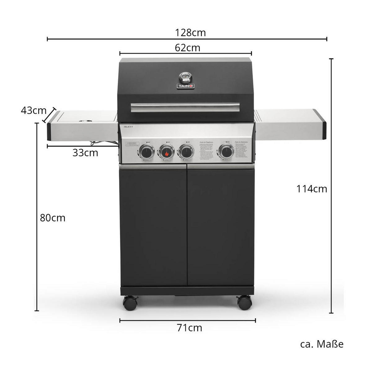 GASGRILL BLACK 3+1 Set mit Drehspieß - Schwarz, Metall (128/114/55cm) - TAINO