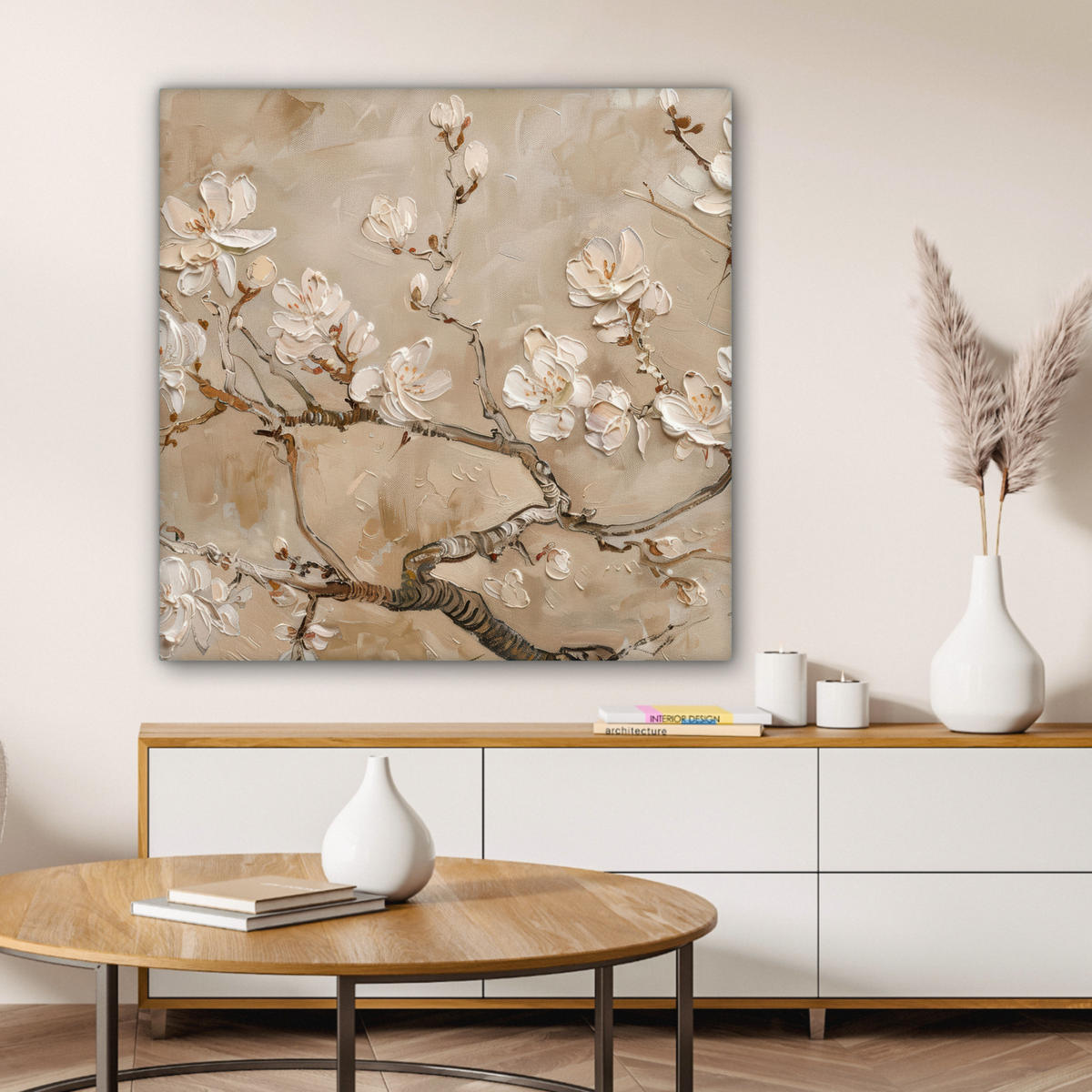 LEINWANDBILD - Blumen - Modern - Beige - Weiß - Blüte - 90x90 - Gemälde - Beige, Textil (90/90cm) - MuchoWow
