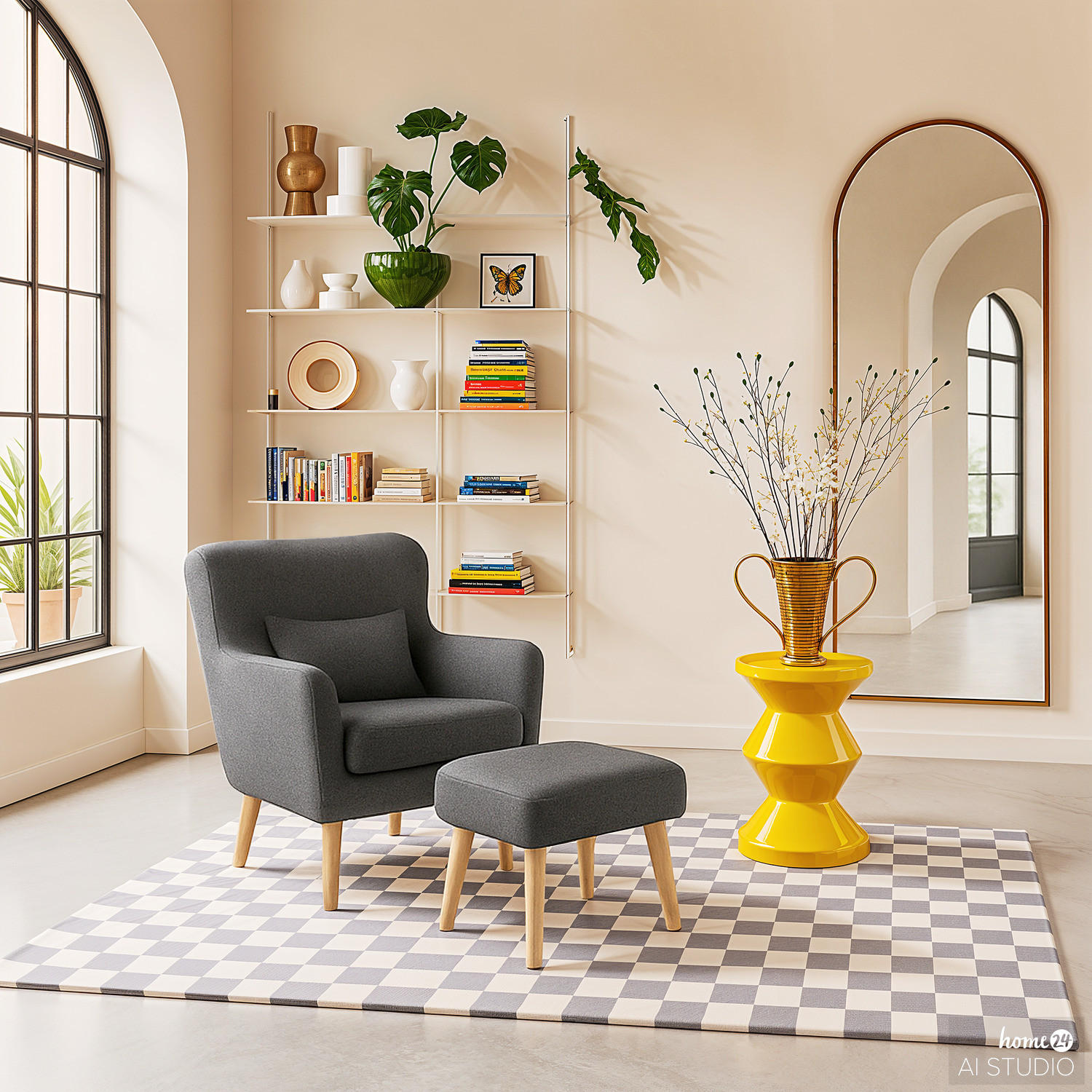 SESSEL mit Hocker - Anthrazit, Birkenholz/Textil (75/96/78cm) - home24