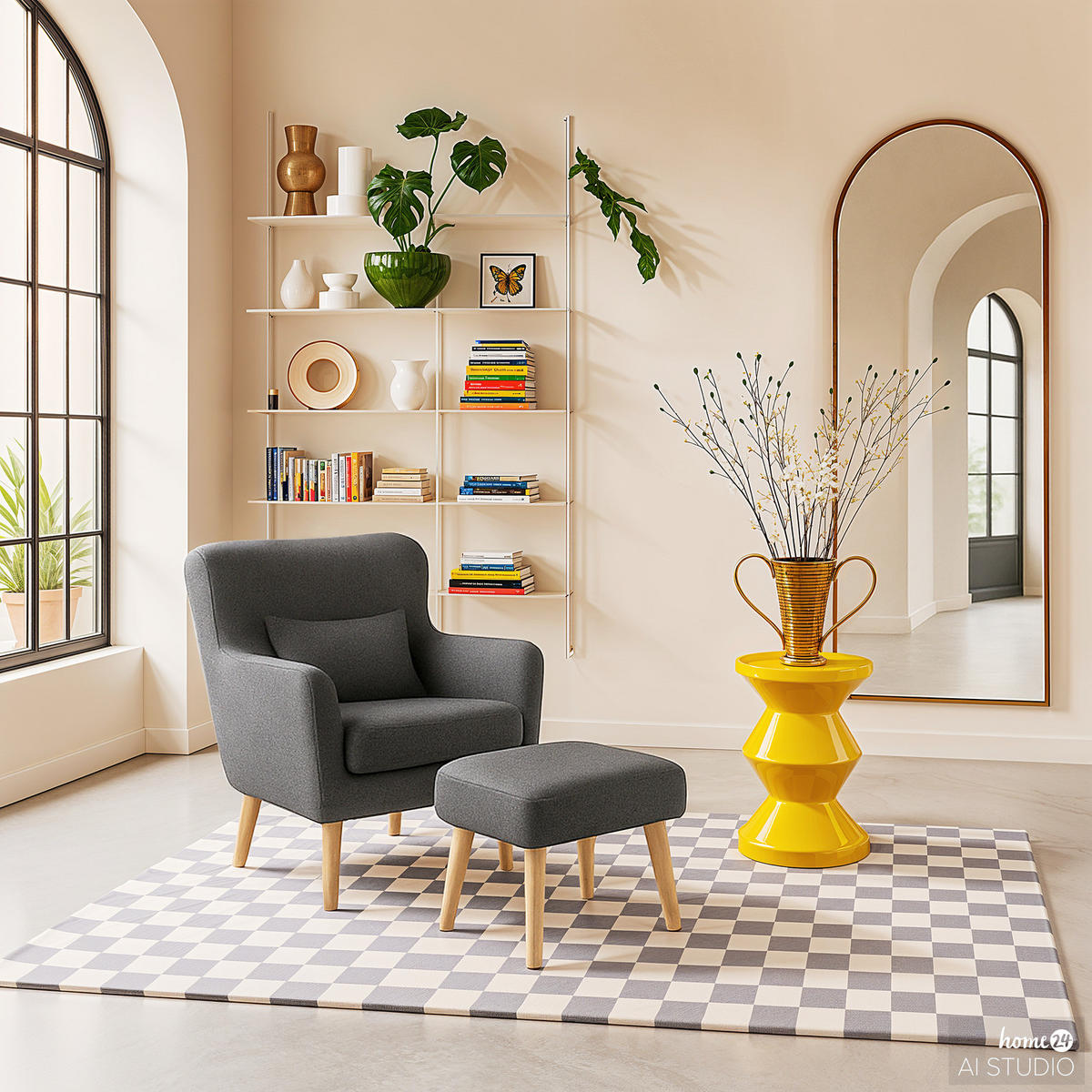 SESSEL mit Hocker - Anthrazit, Birkenholz/Textil (75/96/78cm) - home24