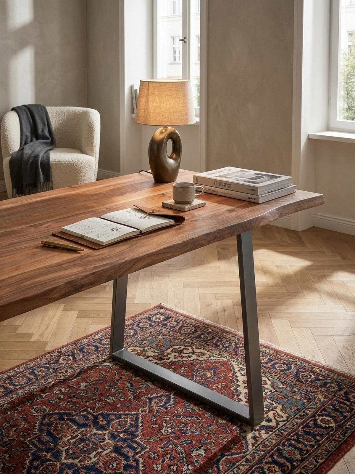 SCHREIBTISCH Massivholz Baumkante Chromgestell Handarbeit TARN, Goldbraun-Chrom 160x80x76 cm - Chromfarben/Braun, Holz/Metall (80/160/76cm) - KADIMA DESIGN