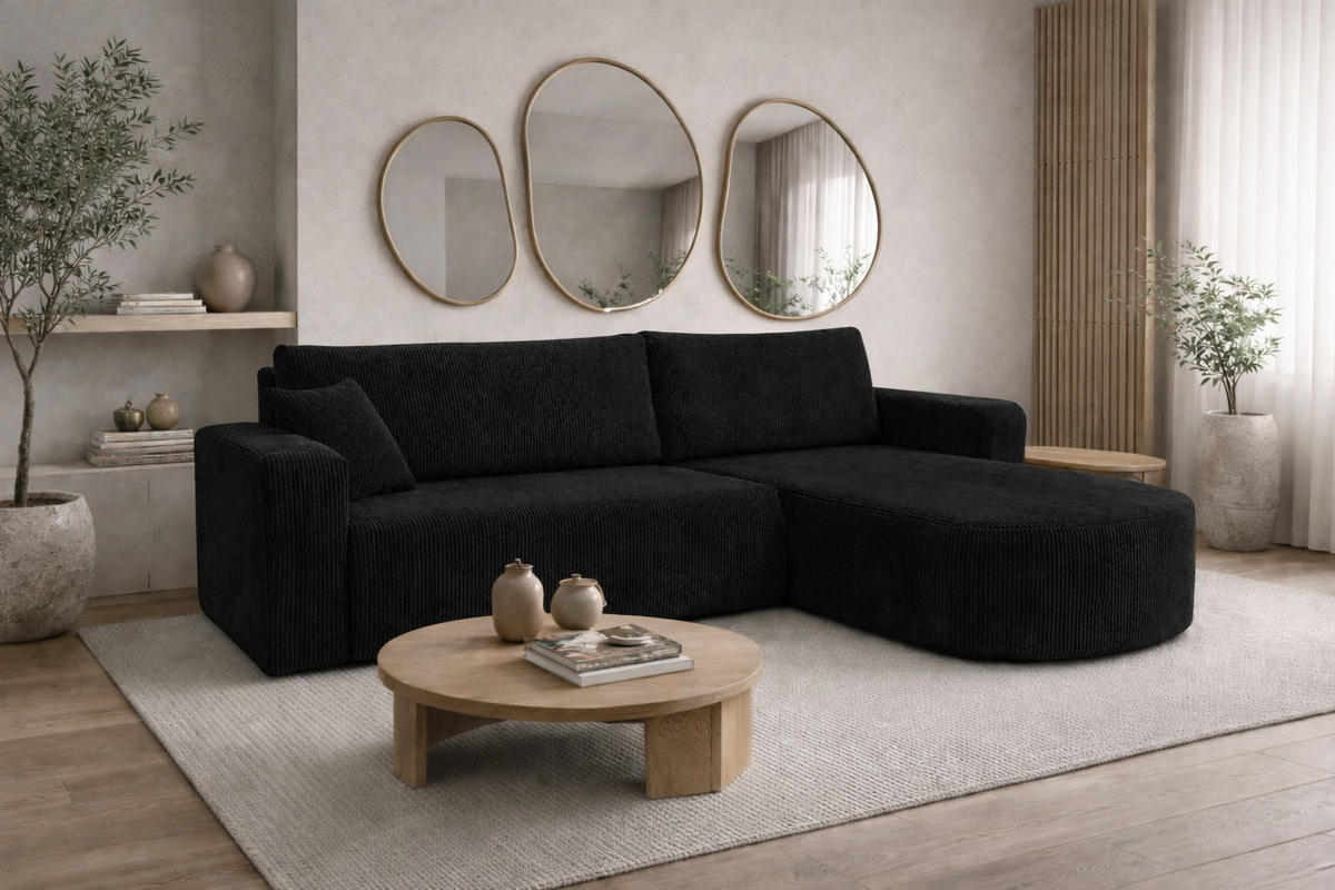 ECKSOFA Mit Schlaffunktion, Cordstoff Poso, Schwarz, Rechts, ROUND ONE XL - Schwarz, Holz (271/175cm) - Kaiser Möbel