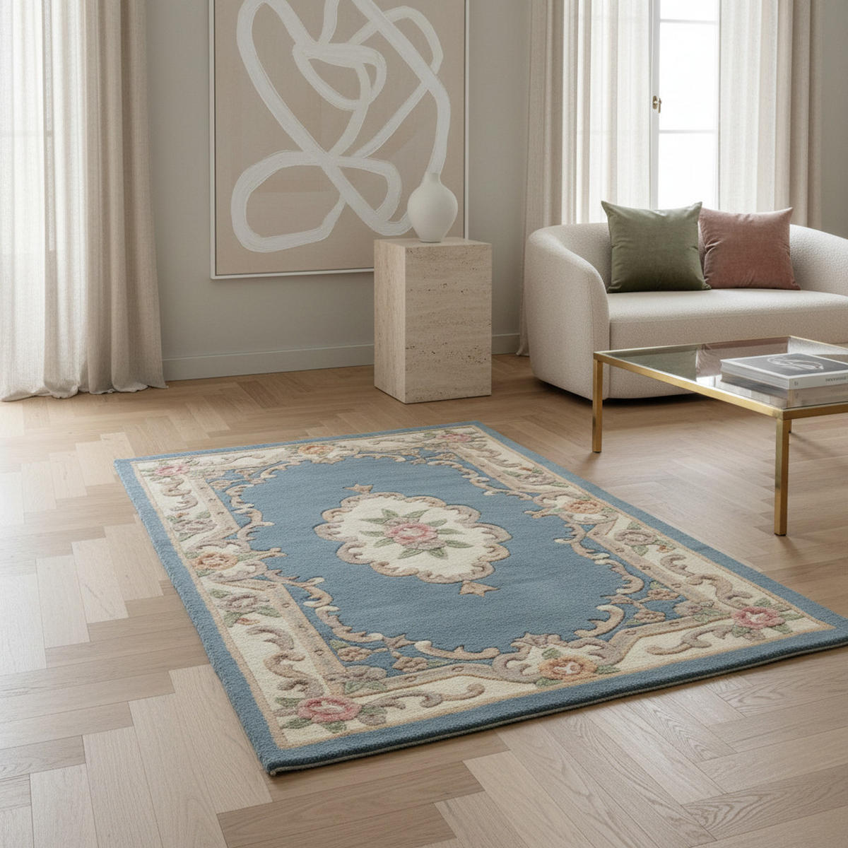 WOLLTEPPICH Aubusson-Muster handgeknüpft BEAULY, Blau-Beige 120x180 cm - Blau, Textil (120/180cm) - KADIMA DESIGN