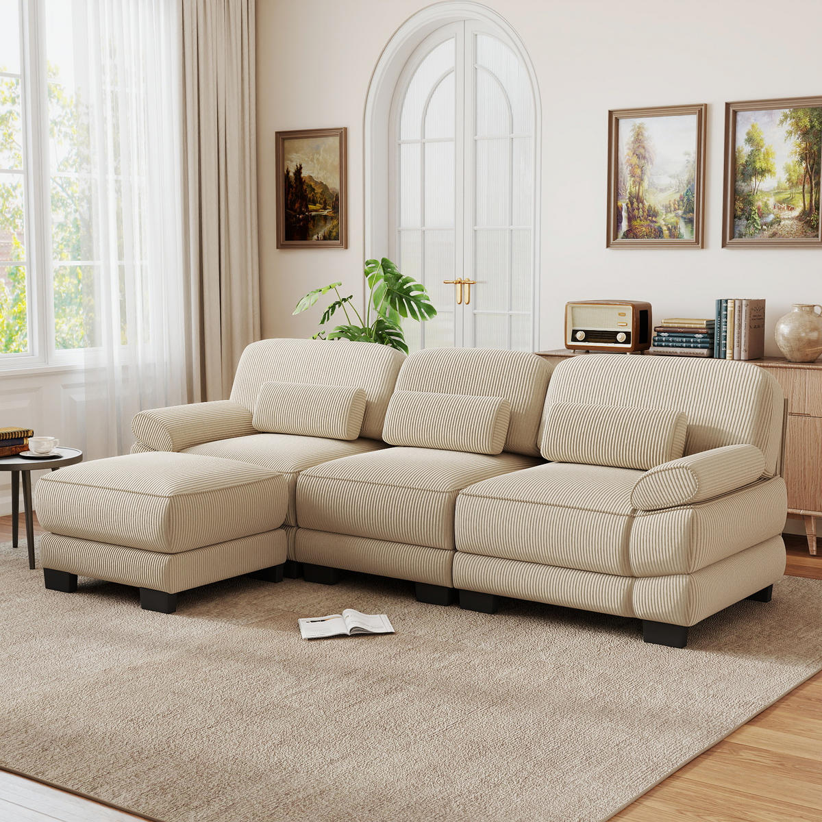 ECKSOFA L-Form 3-Sitzer mit Hocker, DE-42659, Beige - Beige, Holz (265/161cm) - ComfortXL