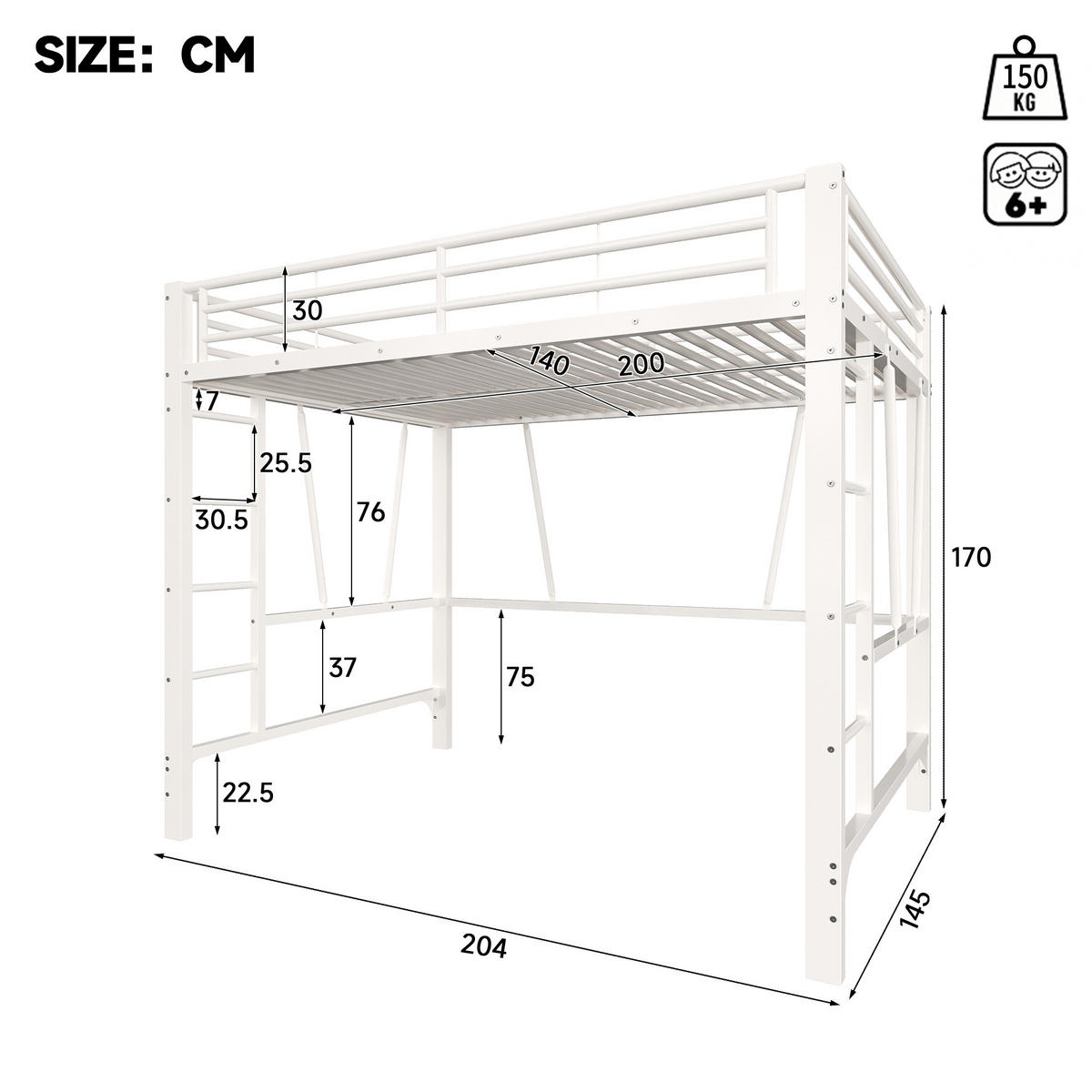 HOCHBETT 140/200 cm in Weiß mit Doppelleiter, Schutzgeländer und offenem Raum unter dem Bett aus Metall - Weiß, Metall (140/200cm) - STILVORA