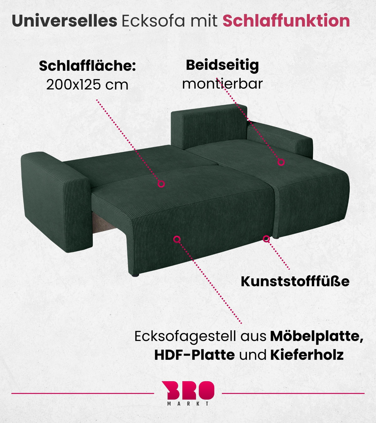 ECKSOFA PLUSH mit Schlaffunktion Grün Cord - Grün, Textil (240/145cm) - Bromarkt