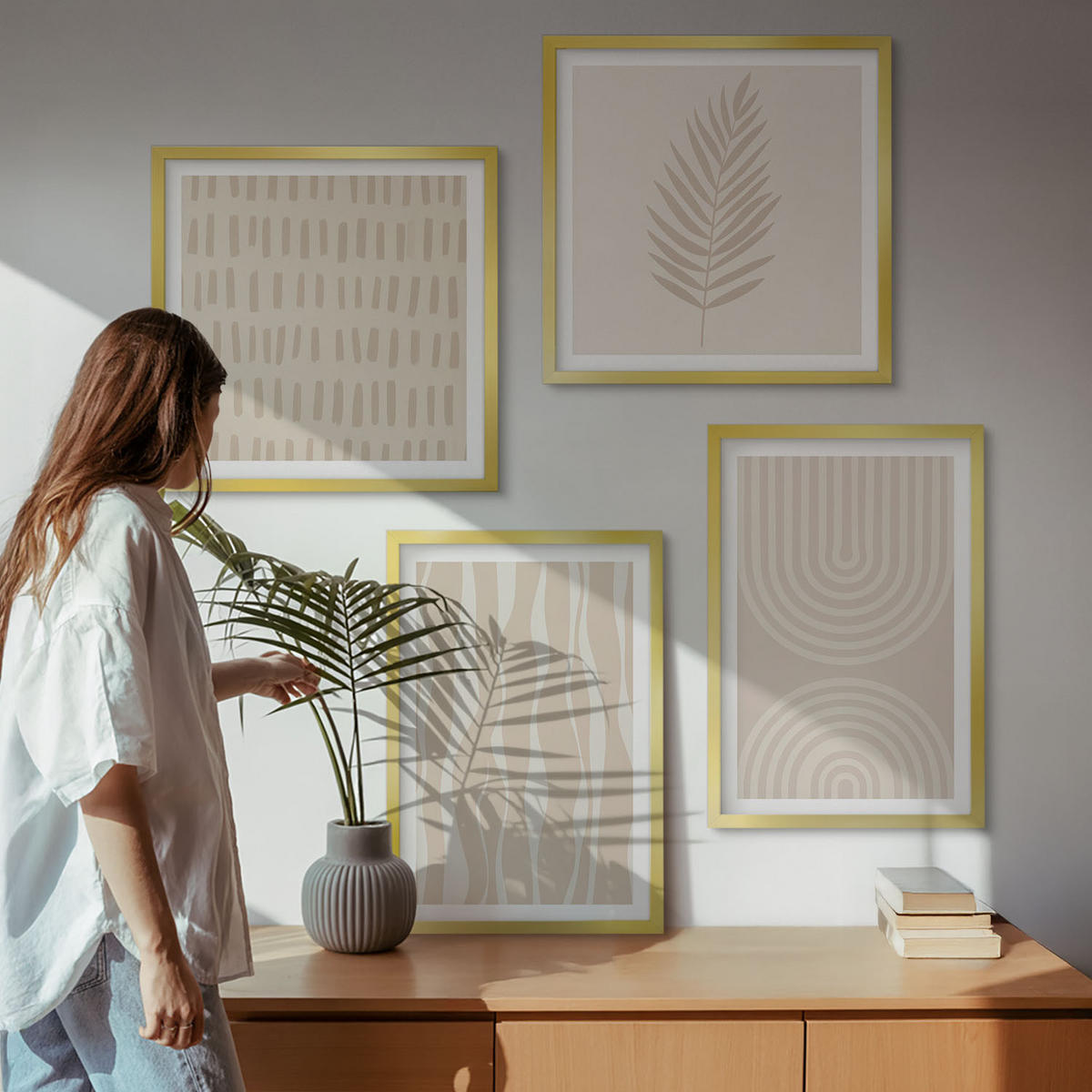 WANDBILDER 4er Set - 50x50 cm & 40x60 cm Goldrahmen - Beige Pflanzenmuster - Goldfarben, Kunststoff (50/50cm) - ArtPrintCave