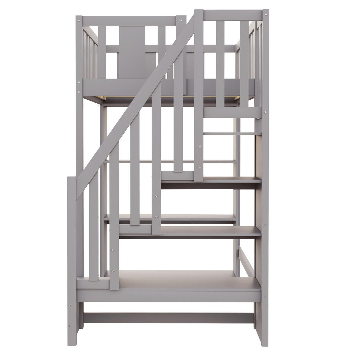 HOCHBETT 90/200 cm mit Stauraumtreppe, 3 Staufächern und Sicherheitsgeländer, Grau - Grau, Holzwerkstoff (90/200cm) - Redom