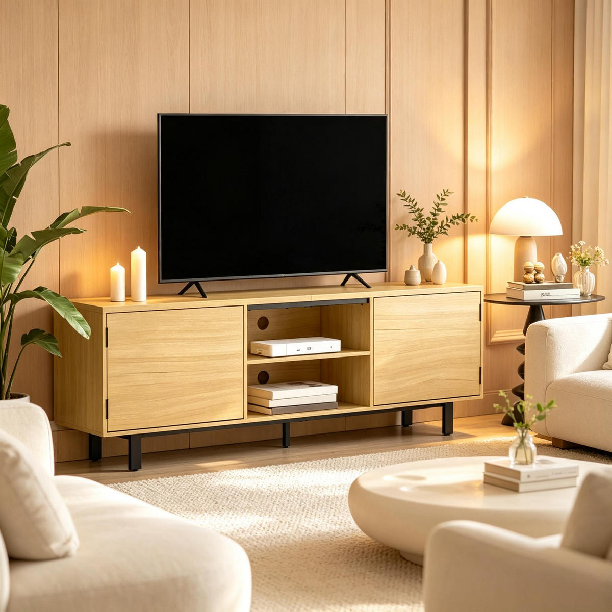TV-SCHRANK 160/35/55.5 cm Natürlich mit 2 Drucktüren und 2 offenen Regalen - Naturfarben, Holz/Holzwerkstoff (160/55.5/35cm) - Oxeza
