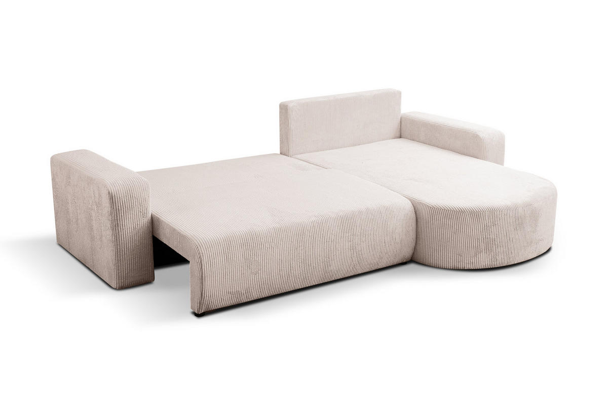 ECKSOFA TOKIO mit Schlaffunktion und Bettkasten, Farbe: Beige, Cordstoff, Ottomane Universal - Beige, Textil (275/170cm)