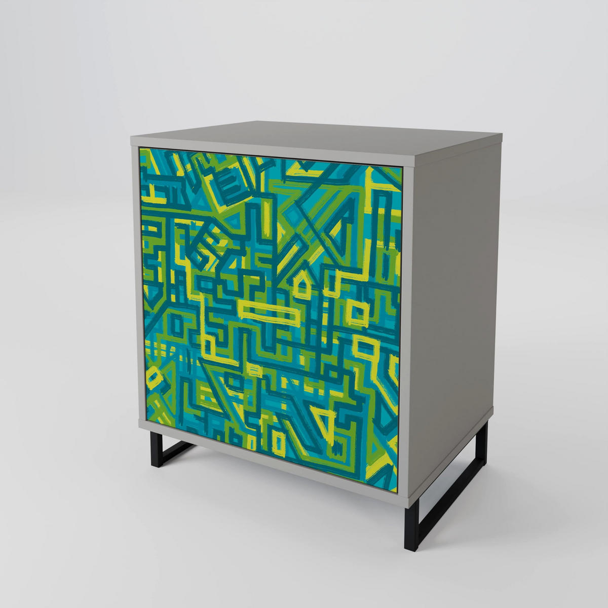SIDEBOARD NOSTALGIC MEMORIES, Grau, 57,5x42x70,5 cm, Schwarze Metall-Sternfüße - Multicolor/Schwarz, Holzwerkstoff/Metall (57.5/70.5/42cm) - SpaceRebels
