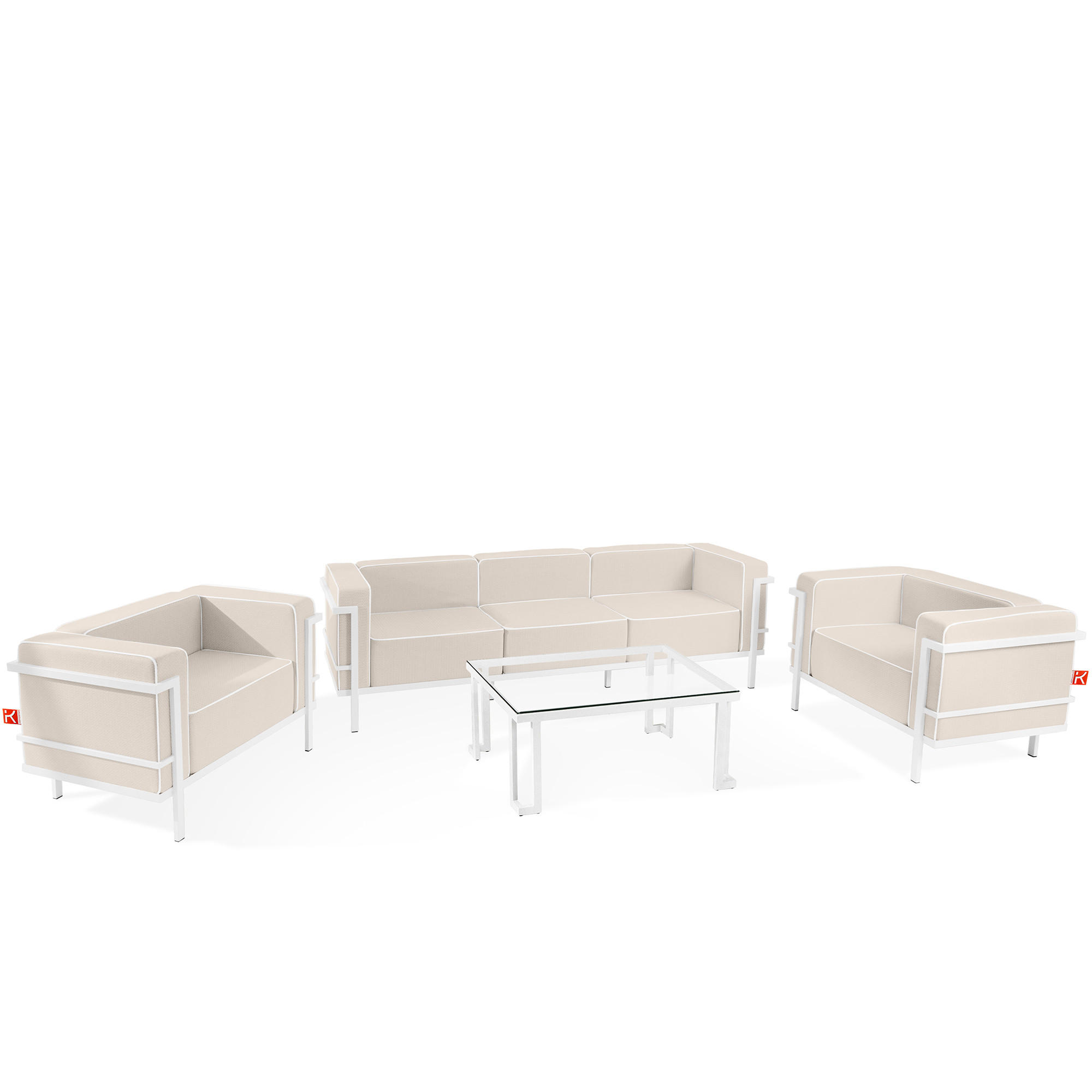 GARTENLOUNGE-SET TRIGLO 1x Tisch, 2x Sessel, 1x Sofa 3-Sitzer, 4-tlg., Modern, Weiß - Beige/Weiß, Glas/Textil - KONSIMO®