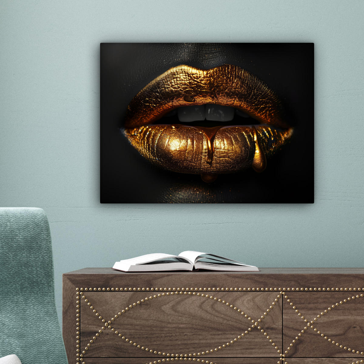 LEINWANDBILD Frau - Porträt - Lippen - Gold - Schwarz 40x30 cm - Schwarz, Textil (40/30cm) - MuchoWow