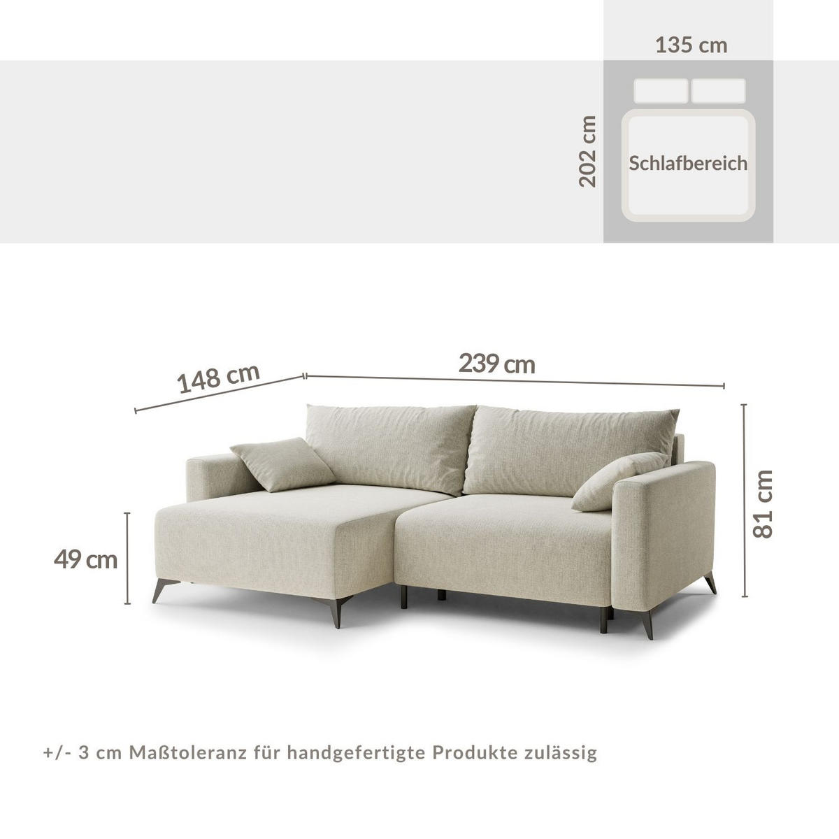 ECKSOFA MIT SCHLAFFUNKTION Leon Grau Chenille-Stoff - Schwarz/Grau, Holz/Holzwerkstoff (148/239cm) - Maison de Reve