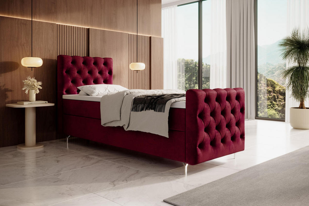 BOXBETT CHESTER PLUS P mit Matratze H3, Bonell und Topper 120x200 Monolith 59 - Rot, Textil (120/200cm) - Bedante