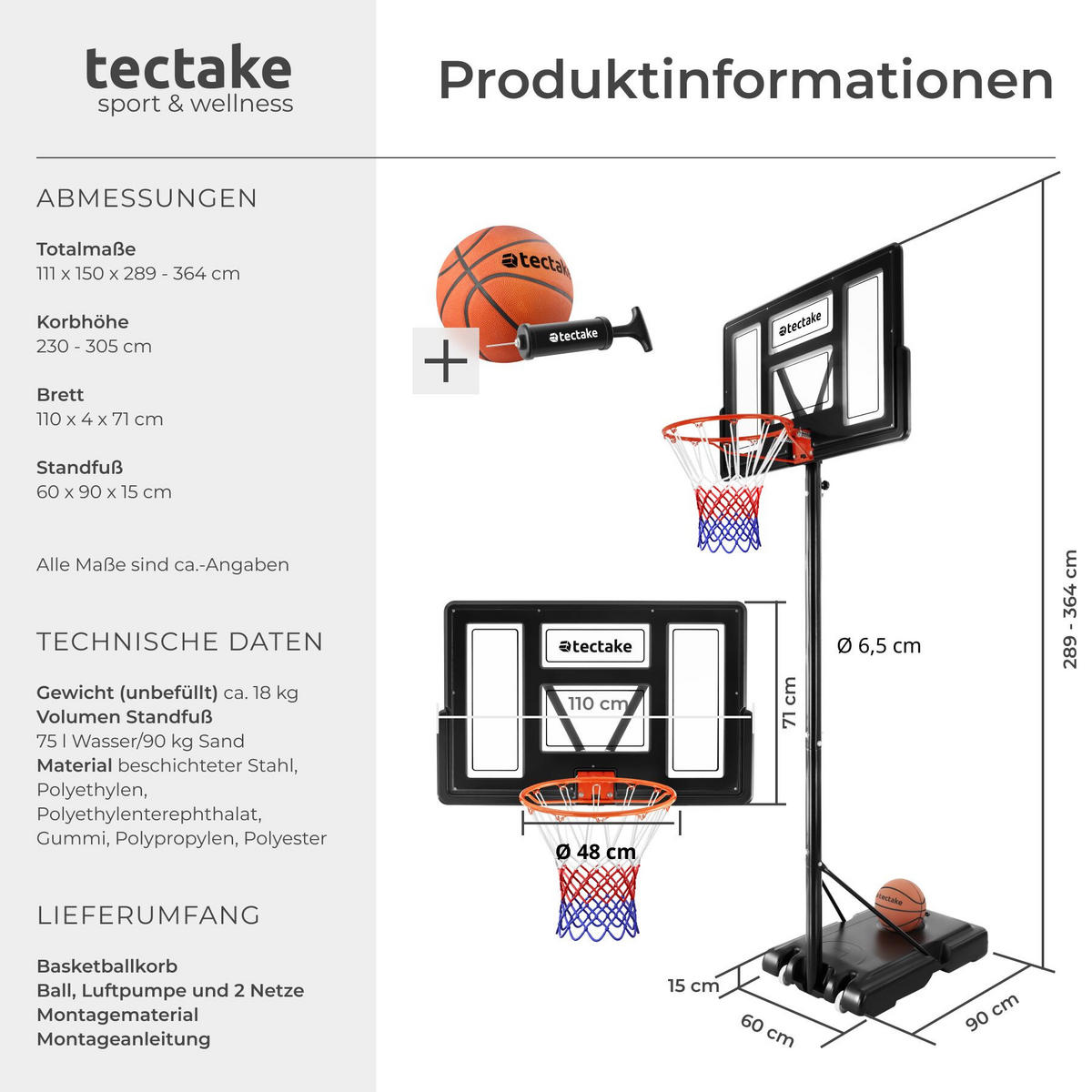 BASKETBALLKORB Dirk, mit Rollen, inklusive Ball, Pumpe und 2 Netze, schwarz - Schwarz, Textil (111/150cm) - tectake