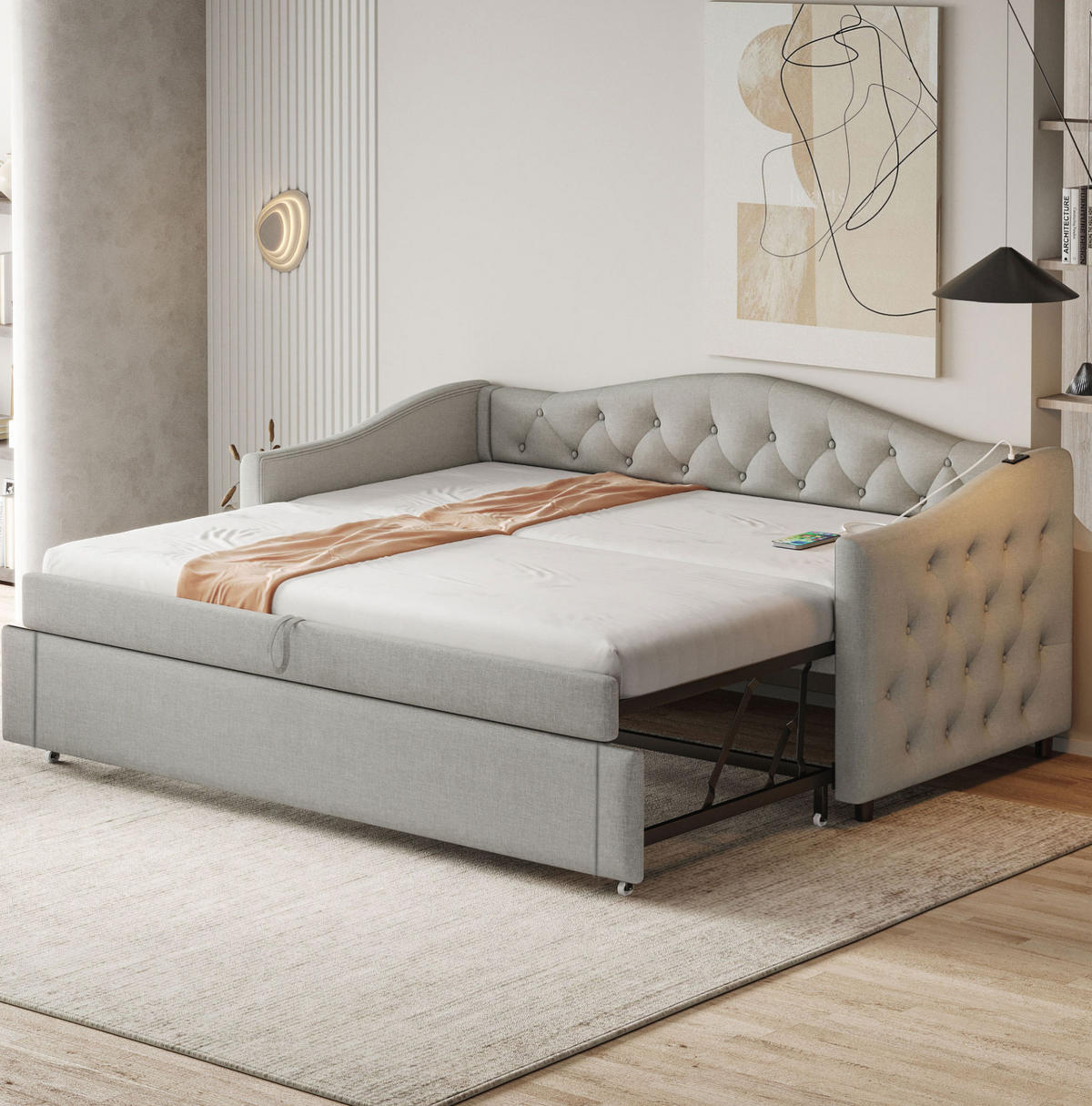POLSTERBETT aus Leinen 90x200 cm Grau mit USB-Anschluss, ausziehbarer Funktion und Lattenrost - Grau, Textil (90/200cm) - Modfu